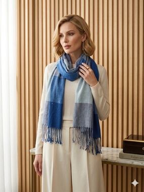 100% Pashmina Blue Plaid Fringe Hair Scarf - Lightweight Women's Accessory